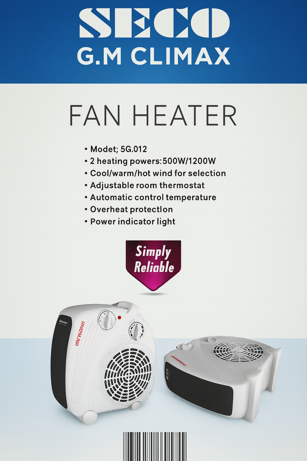 Portable Electric Fan Heater SECO SG 0.12 – 600W/1200W Mini Heater