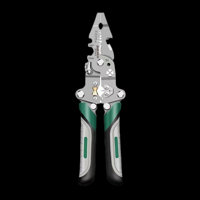 Multitool pliers with green and black handles on a white background